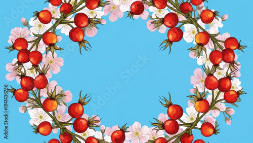 Floral Elegance: A circular arrangement of delicate flowers and vibrant berries creates a visually stunning frame. The combination of nature's beauty exudes a sense of grace and charm.