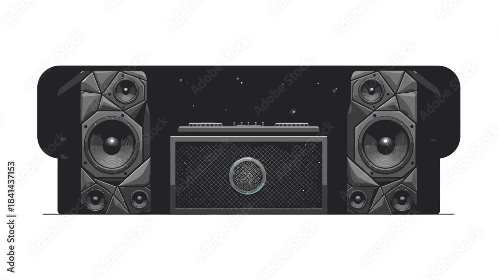 Obraz premium A sleek, modern home theater system with two speakers and a subwoofer on a plain white background, showcasing a minimalist setup for Happy New Year 2026 celebrations.