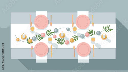 Flat lay of a festive table setting with pink plates, utensils, and decorations for Happy New Year 2026 on a white tablecloth with a gray background.