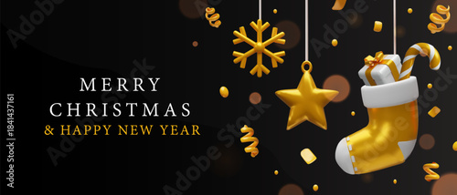Elegant black Christmas banner 3D golden snowflake, star, festive stocking with gifts and candy cane. Holiday greetings, luxury promotions, winter sales, social media posts, and New Year advertising.