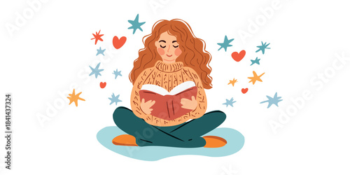 red haired woman sitting and reading a book illustration