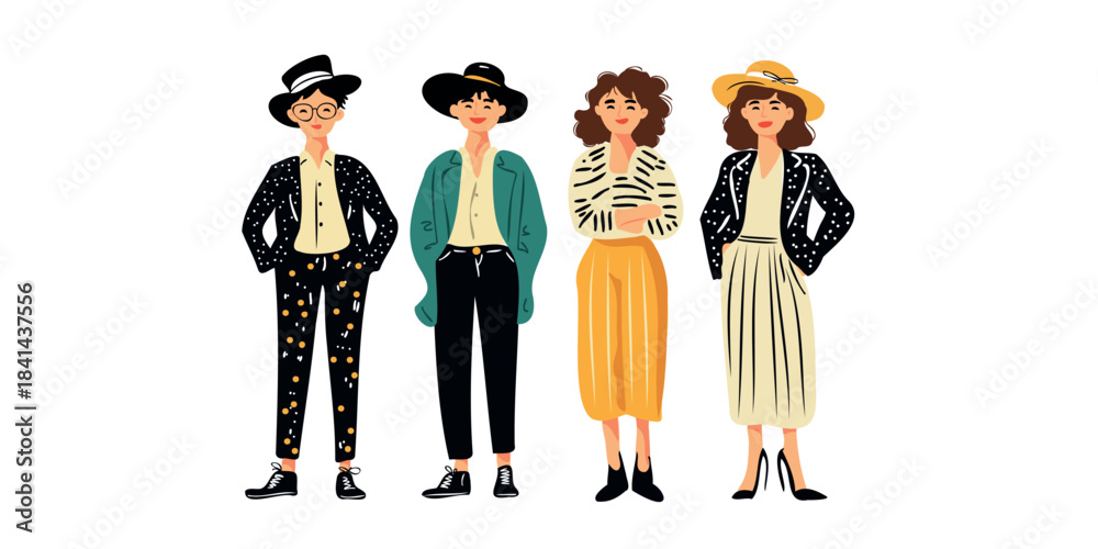© Tetiana Kasatkina - group of stylish women full body fashion illustration
