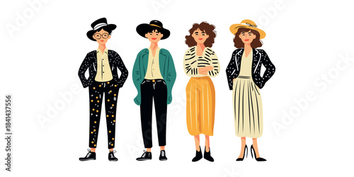 group of stylish women full body fashion illustration