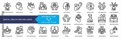 Mental Health and Wellness Line Icon Collection. Mindfulness Meditation, Mental Health, Therapist Session, Brain Heart, Out Box, Mental Clarity, Self Care