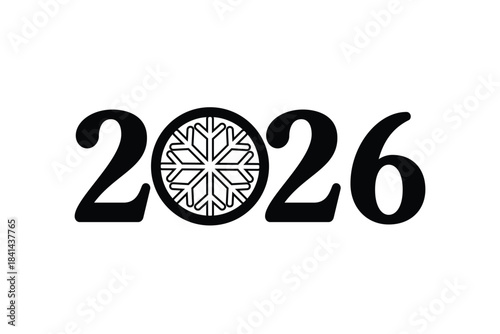 Minimal 2026 New Year typography design with bold black numbers and a decorative snowflake icon replacing the zero, isolated on white background, ideal for holiday cards, calendars, posters and festiv