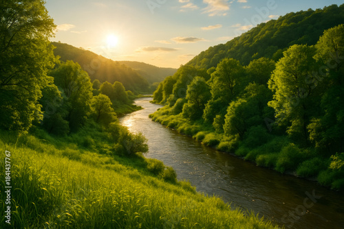 Scenic landscape of winding river flowing through lush green valley forest at golden sunset.