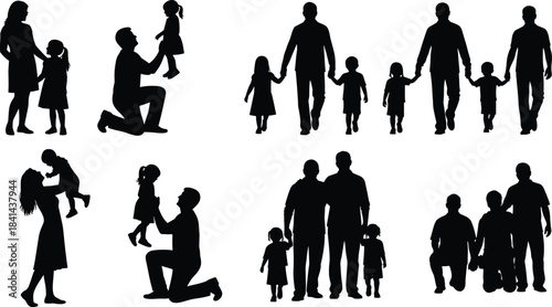 Family silhouettes, parents with children, walking, holding hands, lifting kids, bonding moments, parenting, togetherness, love, care, flat vector illustration