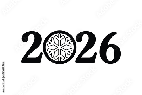 Minimal 2026 New Year typography design with bold black numbers and a decorative snowflake icon replacing the zero, isolated on white background, ideal for holiday cards, calendars, posters and festiv