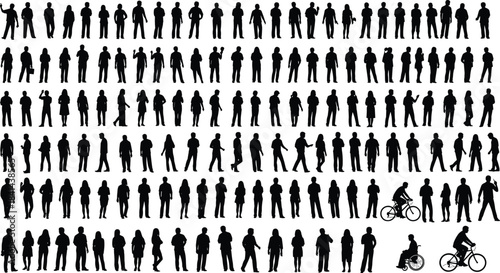 Human silhouettes, diverse poses, inclusive actions, walking, standing, sitting, biking, waving, wheelchair users, everyday movement, flat vector illustration