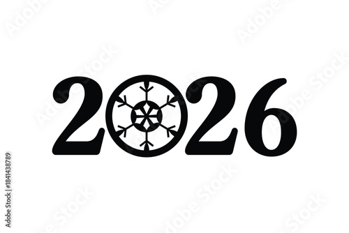 Minimal 2026 New Year typography design with bold black numbers and a decorative snowflake icon replacing the zero, isolated on white background, ideal for holiday cards, calendars, posters and festiv