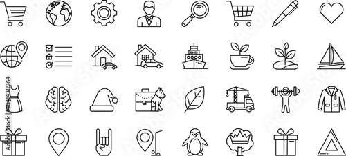Icons, black and white, diverse, graphic, symbol, shopping, globe, gear, fashion, gift, plant, location, animal, tech, lifestyle, silhouette, outline, vector, design, flat vector illustration