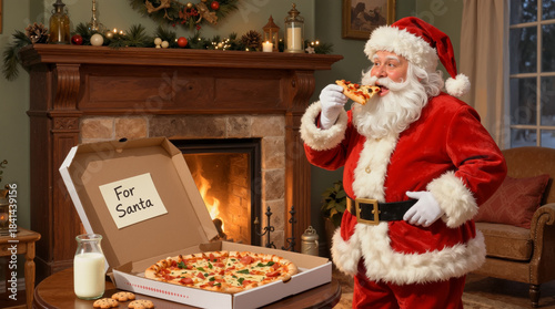 Santa Claus enjoying a slice of pizza by the fireplace with milk and cookies