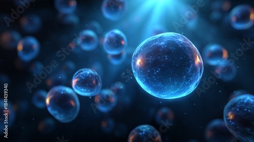 Wallpaper Mural Glowing blue spheres floating against a dark, cosmic background, illustrating a concept of cells or bubbles Torontodigital.ca