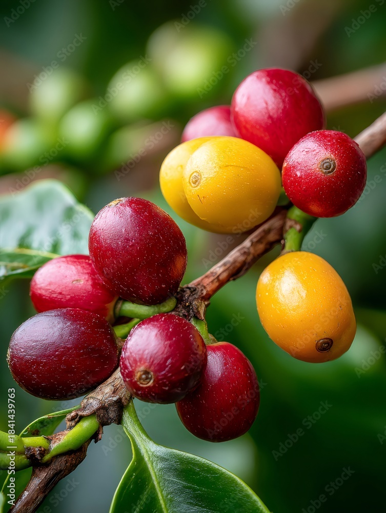 Naklejka premium Ripe and unripe coffee cherries growing on branch