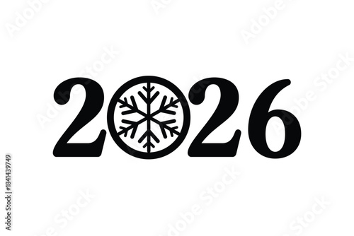 Minimal 2026 New Year typography design with bold black numbers and a decorative snowflake icon replacing the zero, isolated on white background, ideal for holiday cards, calendars, posters and festiv