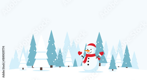Snowman stands in a snowy forest among pine trees under a pale winter sky creating a festive and peaceful scene inviting warm memories and smiles.