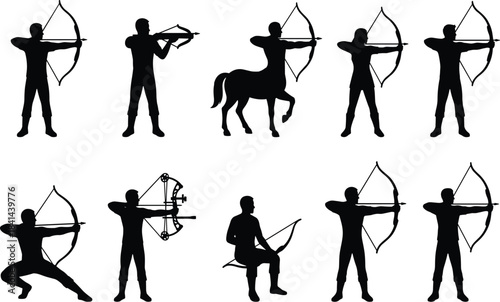 Archer silhouette illustration, bow and arrow, compound bow, crossbow, centaur archer, black vector, combat pose, tactical stance, warrior formArcher silhouette illustration