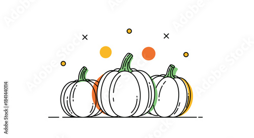 Colorful pumpkins lined up in a modern sketch with bold outlines and playful geometric shapes floating above to create a festive autumn scene.
