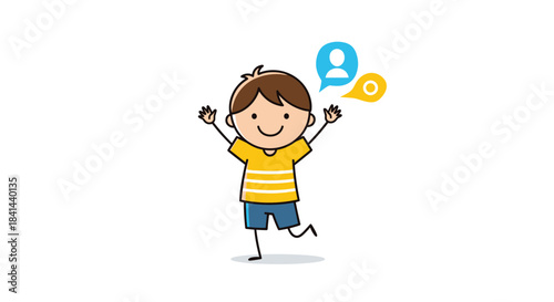 Cheerful young boy wearing a yellow shirt and blue shorts jumps with arms raised as social icons float above his head to represent playful online connection.
