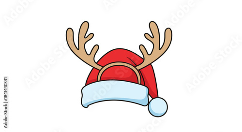 Festive red Santa style hat with brown reindeer antlers and a light blue brim resting on a clean white background that evokes holiday cheer and warm memories.