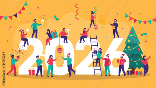 Joyful people celebrate New Year's Eve 2026 with champagne, gifts, and festive decorations creating vibrant holiday cheer