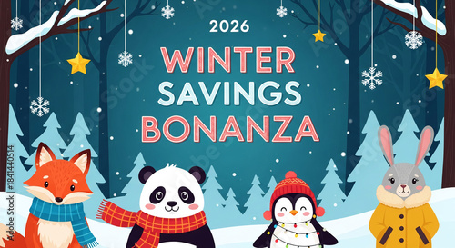 Illustration of cartoon animals in winter forest during snowfall. Presents seasonal sale event. Festive atmosphere promoting winter savings bonanza