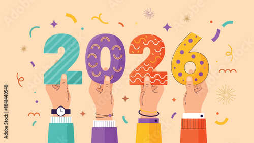 Hands proudly hold vibrant numbers spelling out 2026 amidst festive confetti and sparkling celebrations signaling future success and new beginnings