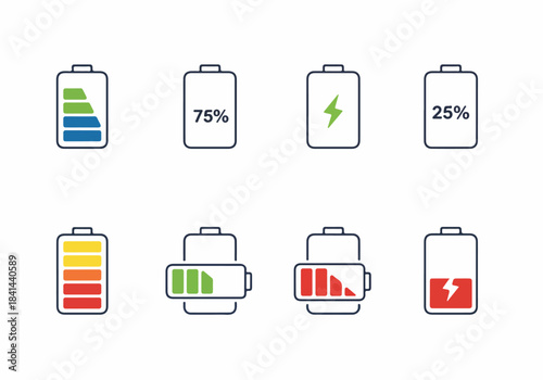 Collection of Battery Charge Level Icons: Full, Partial, Low, and Charging Status Indicators