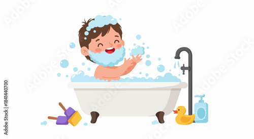 Cheerful cartoon child enjoying a playful bubble bath, making a soap beard, surrounded by suds and bath toys, depicting happy hygiene and childhood fun.