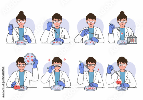 Cartoon scientists in a laboratory conducting various experiments with pipettes, petri dishes, test tubes, and flasks, representing scientific research, discovery, and healthcare innovation.