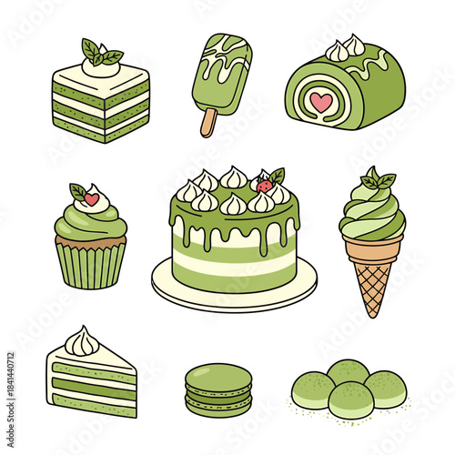 Matcha green tea dessert set vector