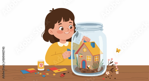A happy little girl crafting a charming miniature house and garden inside a glass jar, surrounded by colorful supplies, showcasing childhood imagination and creativity.