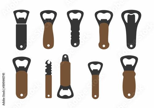 Collection of diverse bottle opener designs in a flat, minimalist style. Various shapes and sizes for opening beer and soda bottles, featuring black and brown accents.