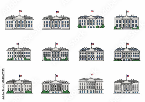 Collection of diverse cartoon White House illustrations with American flags, representing US government, power, and history in a simplified vector art style.
