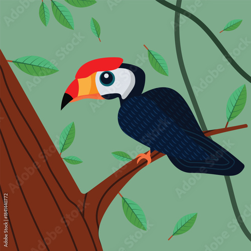 Colorful vector illustration of a rhinoceros horn bill perched on a tree branch in a lush forest environment