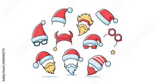 Festive Santa hats and beards and glasses float around in a playful collection with red white trims and holiday whimsy for cheerful characters.