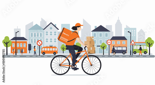 Delivery person on a bicycle in a vibrant urban setting, carrying packages. An illustration of eco-friendly city logistics and express shipping services.