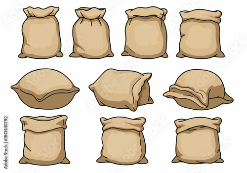 Collection of Cartoon Burlap Sacks and Bags. Hand-drawn illustrations depicting various poses and contents for agriculture, food, and industrial storage on white.