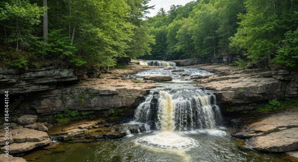 Naklejka premium Cascading waterfall in a lush forest setting