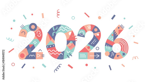 Celebrate the vibrant possibilities of 2026 with this playful, modern graphic featuring festive confetti and colorful geometric patterns