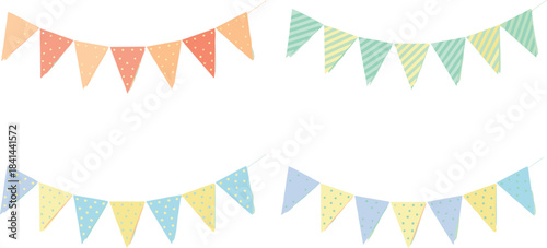 Colorful party pennant banners, festive decoration, celebration flags, polka dot, stripe pattern, cheerful, vibrant, event decor