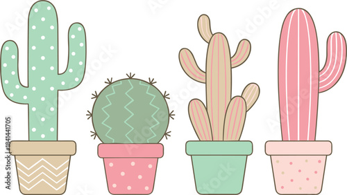 Decorative cactus illustration, colorful flower pots, botanical design, playful plant art, indoor greenery, succulent decor, cheerful vibe