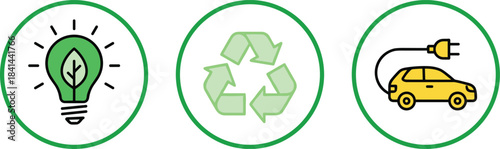 Eco icons, green energy, recycling symbol, electric car, sustainability concept, clean transport, environmental design, circular badge