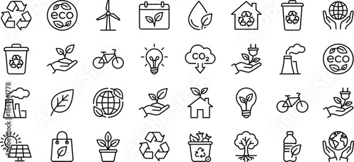 Eco icons, sustainability symbols, recycling, renewable energy, green living, conservation, nature, environment, climate action, zero waste