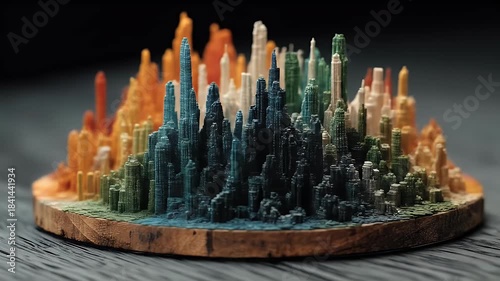 Colorful 3D Printed Cityscape Model on Wooden Base.