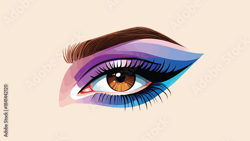 A close-up illustration shows the beautiful blue iris of a woman's eye with long fashion eyelashes, detailed makeup, and a graceful eyebrow, focusing on the human eyeball and pupil