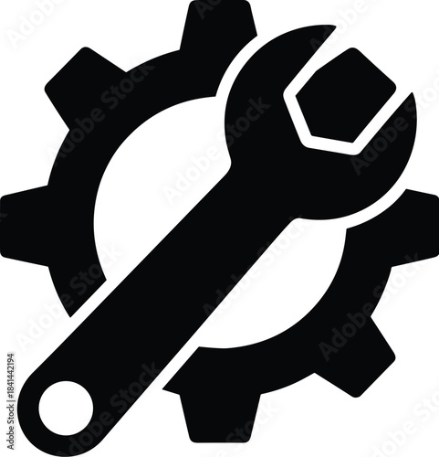 Bold black gear and wrench icon representing mechanical repair, system maintenance, engineering tools, technical support services, configuration, and industrial operations.
