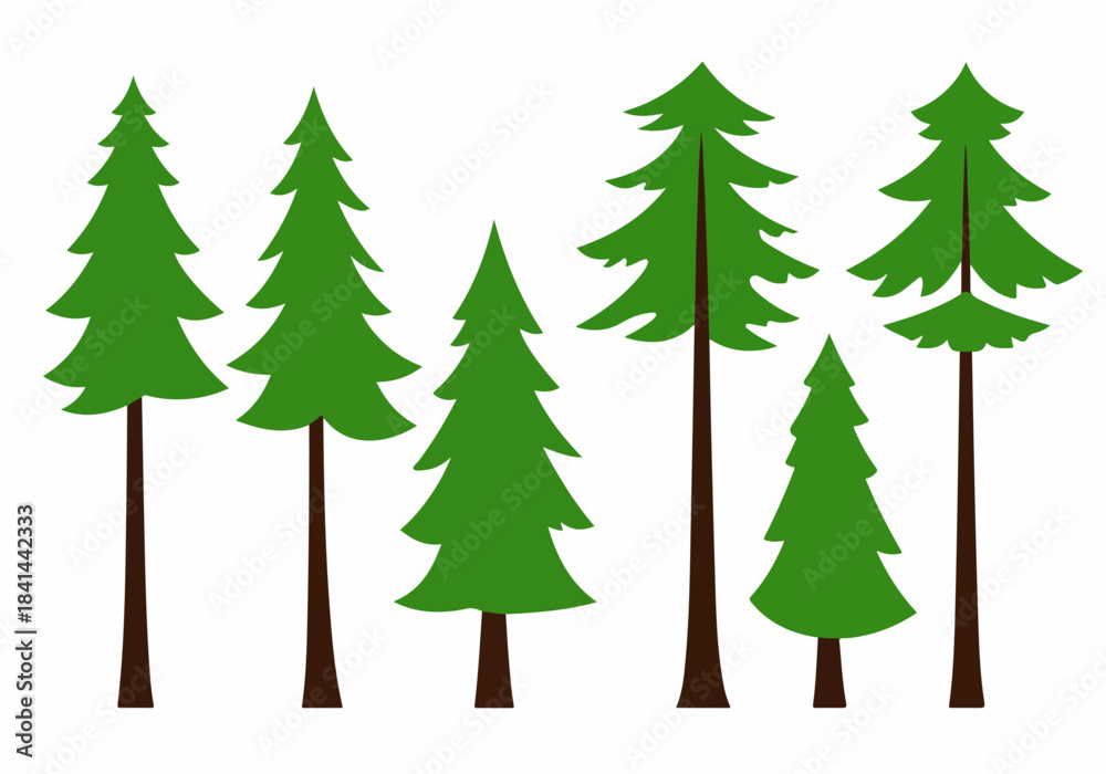 Obraz premium A collection of simple, stylized green pine and spruce trees with brown trunks on a white background, perfect for nature-themed designs and forest illustrations.