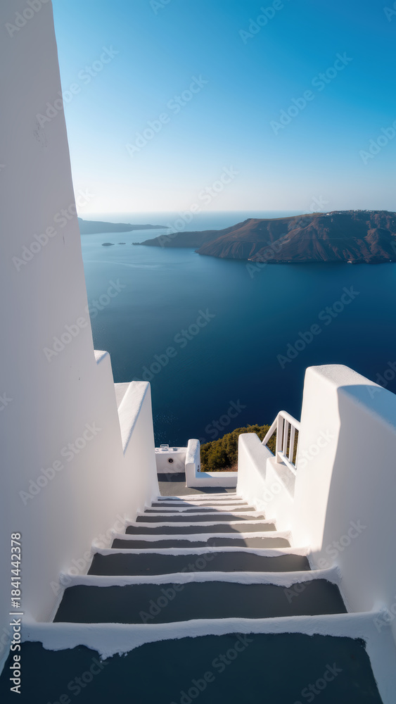 Obraz premium Stunning view of staircase leading down to serene blue sea, surrounded by hills and clear skies, evoking tranquility and beauty