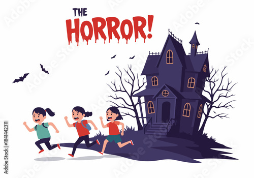 Three scared children run in terror from a haunted spooky mansion on Halloween night with bats flying, an illustration of classic horror.